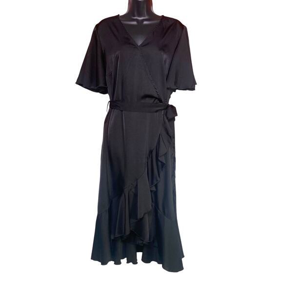 Hanna Nikole Plus Size 16W Flutter Sleeve Black Ruffle Layered Belted Dress NWT - Picture 1 of 10